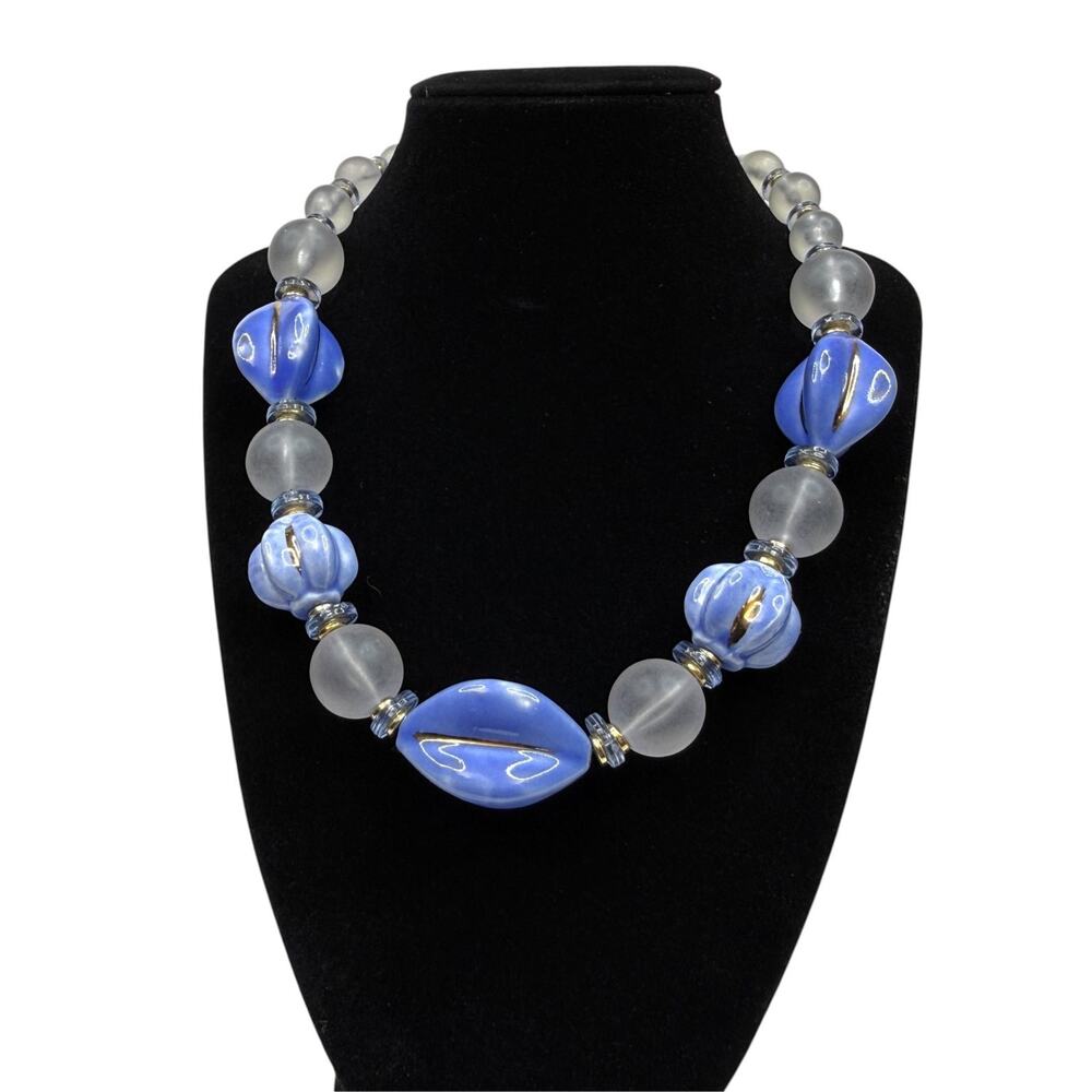 Vintage Japan Acrylic Blue Frosted Beaded Statement Necklace Gold Tone 18"